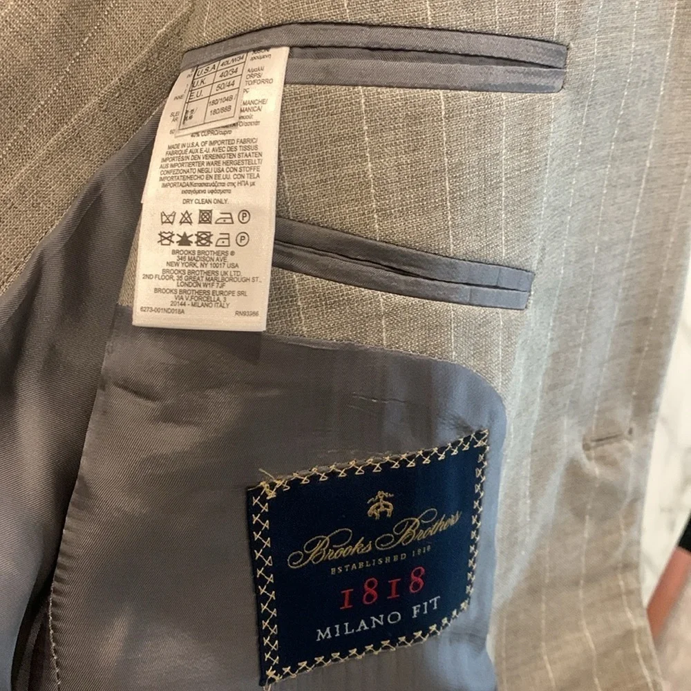 Brooks brother beige pinstripe wool suit, 40L blazer, 34” waist pant